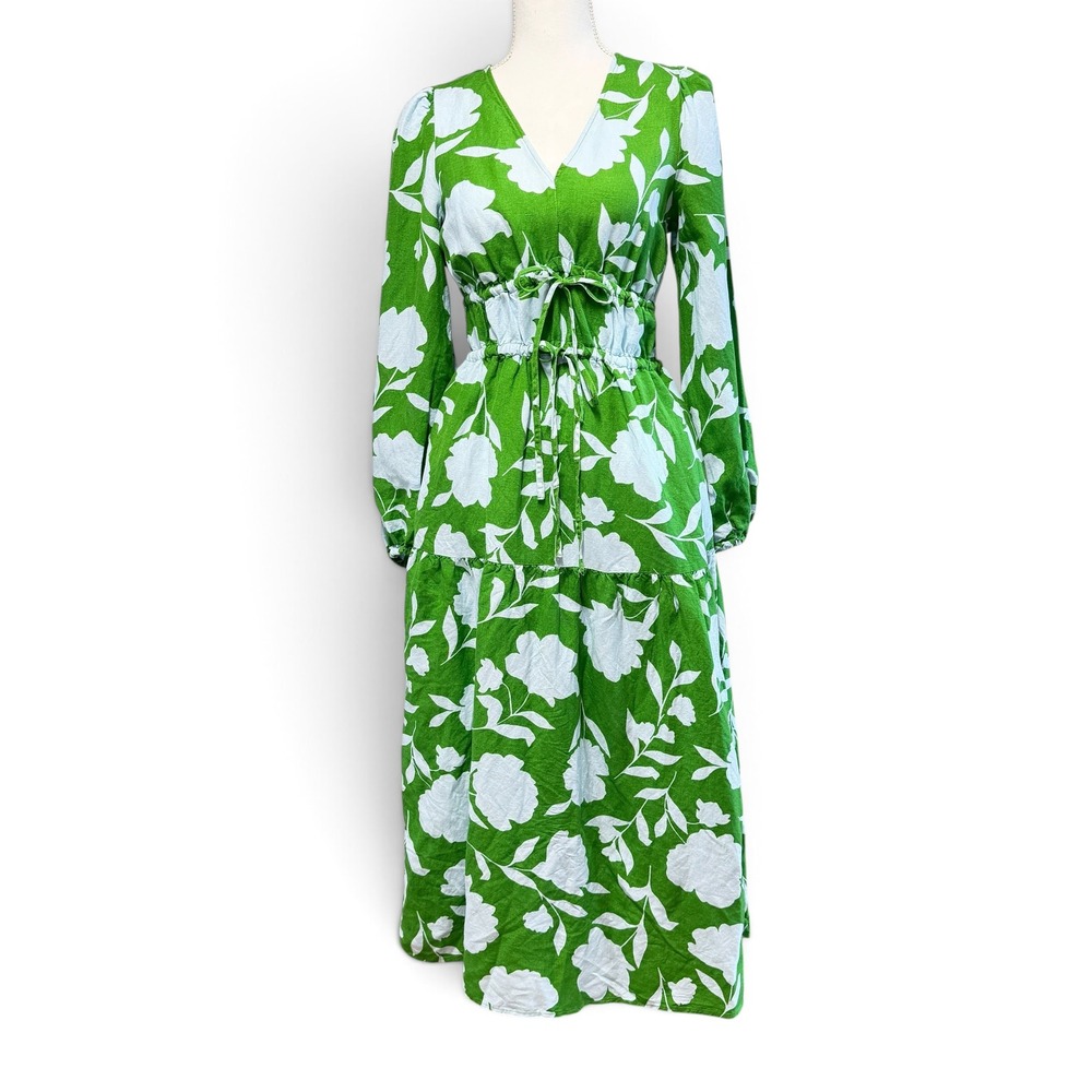 Kate Spade New York Target Green Floral Linen Blend Midi Dress XXS YP9LMZ - NEW